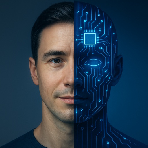 Un rostro humano dividido en dos mitades: una mitad con expresiones emocionales y la otra mitad con circuitos tecnológicos y luces azules.