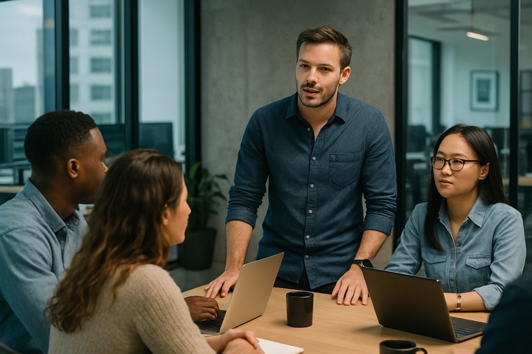 Software engineer leading a meeting with teammates around a table, confident body language, diverse team listening attentively, modern tech office environment.