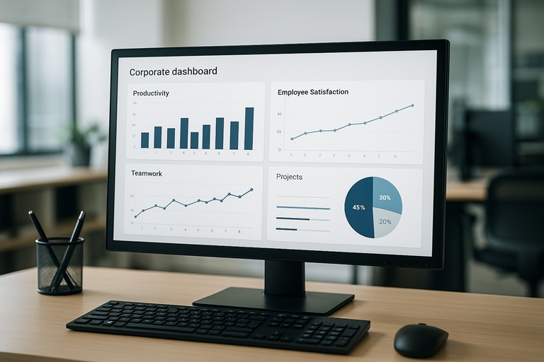Dashboard digital con metricas de productividad y satisfacción laboral