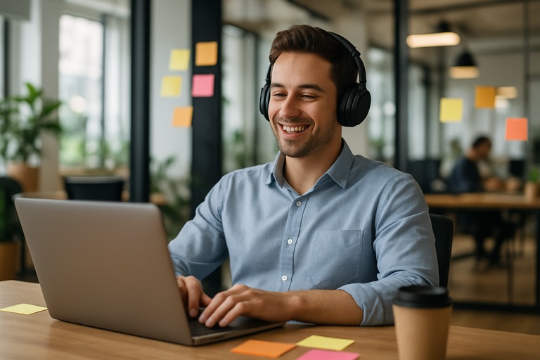 Trabajador relajado y sonriente con auriculares en un espacio de coworking moderno, rodeado de post-its y laptop, mostrando equilibrio y motivación.